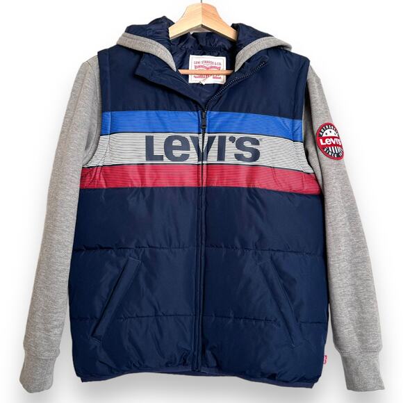 Levi’s Spell Out Logo Full Zip Blue and Gray Puffer Vest Hoodie Boys Size L - Picture 1 of 9